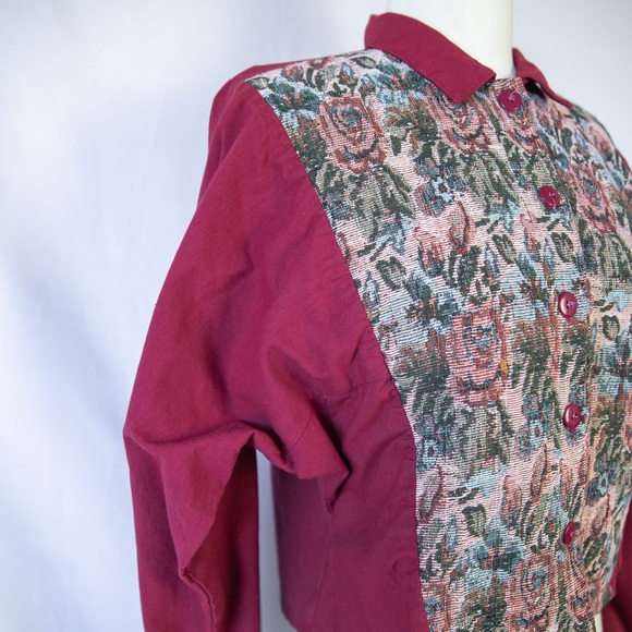 980's Burgundy Jacquard Tapestry Blouse with Victorian Floral Panels - Picture 3 of 8